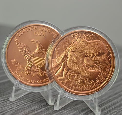 roaring tyrannosaurus rex prehistoric dinosaur - 1 oz 999 pure copper round collecticble 39mm challenge coin in capsule - coa by heavenly metals
