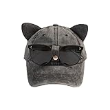 Peaked Cap with Cat Ears Sunglasses,Retro Aviator Hat Sunglasses Baseball Cap Hip Hop Mask Black (Black)