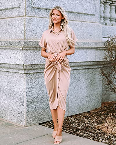 Btfbm Women 2023 Button Down Ruched Shirt Dresses Short Sleeve Lapel V Neck Elegant Party Spring Summer Maxi Satin Dress(Short Sleeve Light Khaki, Small) #TOP7
