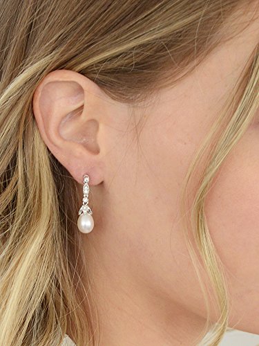 Mariell Cultured Freshwater Pearl Bridal Drop Earrings with Cubic Zirconia Crystals, Ivory Pearl Wedding Earring for Brides, Bridesmaids, Mother of the Bride and Everyday Wear4