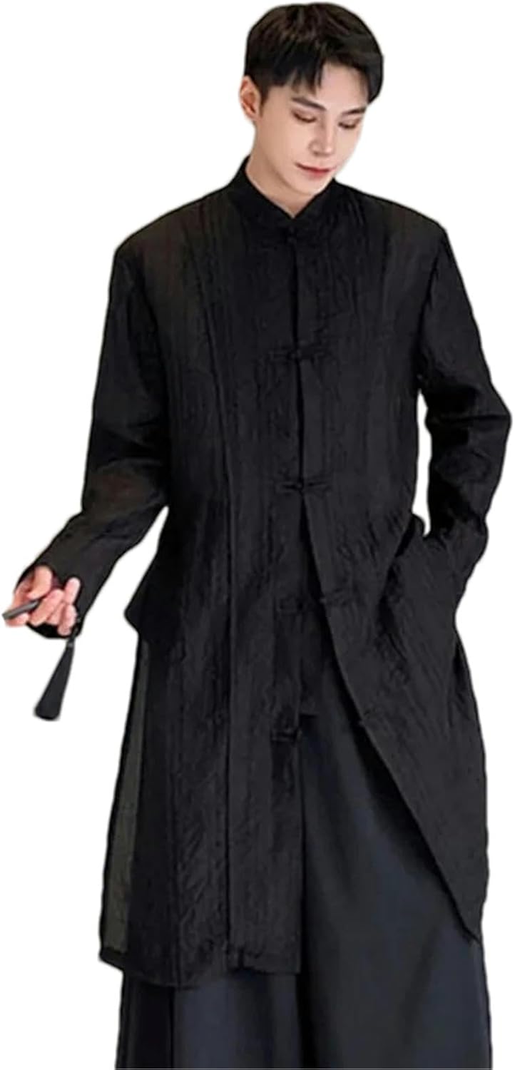 Chinese Style Men's Loose Button Stand Collar Long Sleeve Solid Color Casual Clothing