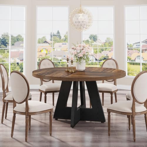 Image of Tribesigns 47 inch Round Dining Table Wood Kitchen Table for Dining Room, 47 inch Dinner Room Tables for 4-6, Farmhouse Accent Furniture with Wooden Tabletop and Cross Base, Rustic+Black
