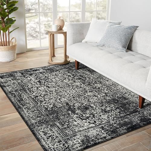 vivorug 8x10 Area Rugs, Stain Resistant Washable Rug for Living Room, Vintage-Inspired Black and White Rug