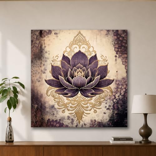 Image of PAINTINGMANTRA Abstract Lotus Canvas Stretched Canvas Painting for Living Room | Indian Folk Artwork Wall Decor Art For Livingroom, Bedroom, Office, Hallways - 34x34 Inch