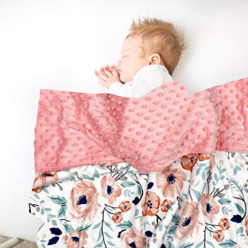 Image of Baby Plush Mink Blanket Double Layer with Dotted Backing for Baby Girl Holiday Thanksgiving (Pink Floral)