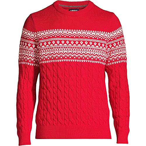 Lands' End Mens Lighthouse Fair Isle Cable Crewneck Sweater Red/Ivory Cable Ski Fairisle Regular Large #TOP4