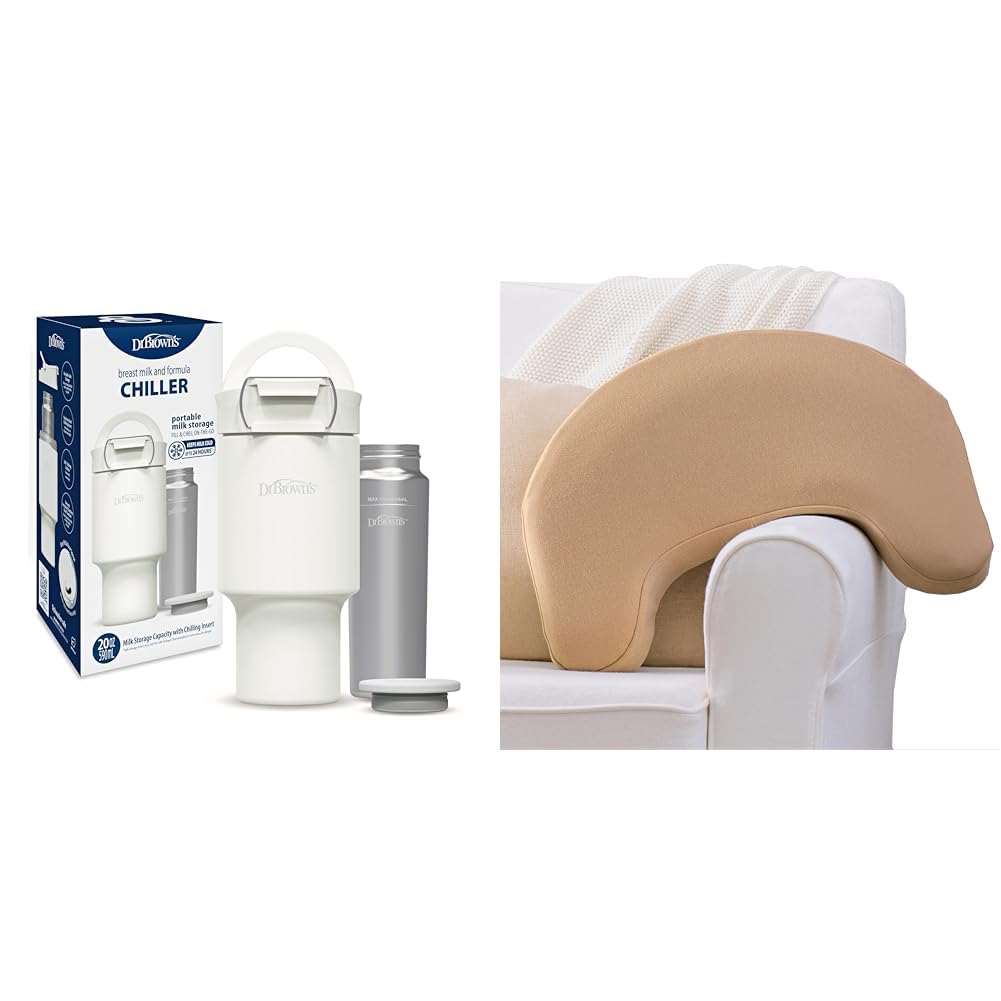 Dr. Brown's Breast Milk and Formula Chiller, Portable Insulated Storage, 20 oz, Arctic White, BPA-Free, 1-Pack + Dr. Brown's Nursing Pillow with Washable Cover, Premium Memory Foam, Gentle Beige