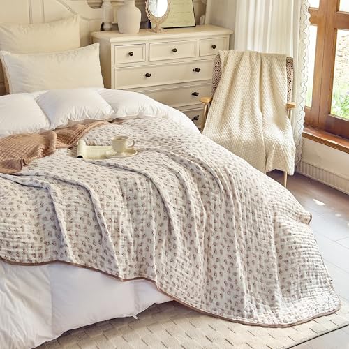 Image of Muslin Throw Blanket 100% Cotton 6-Layer Gauze Floral Pattern Cooling Blanket Lightweight Soft Breathable Quilt for All Season Both Sides for Sofa Couch (Leaves Tan, Throw 50 inchx60 inch)