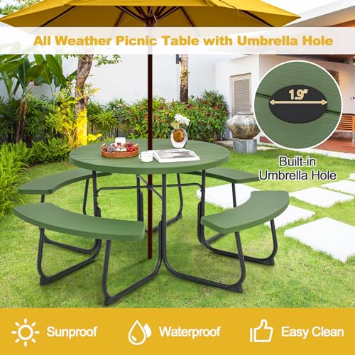 Image of Tangkula 8 Person Picnic Table, Outdoor Round Picnic Table with 4 Built-in Benches, Umbrella Hole, Metal Frame & HDPE Tabletop, Outside Table and Bench Set for Backyard, 2300lbs Weight Capacity