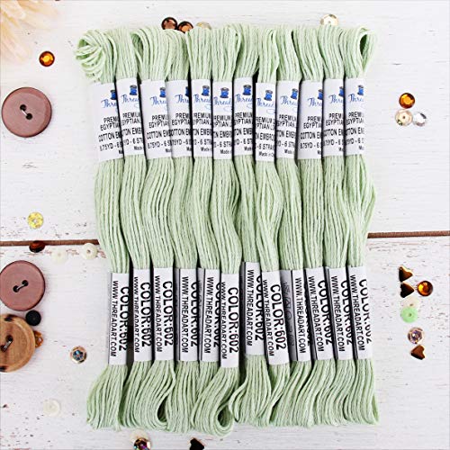 Image of 12 Skeins ThreadArt Cotton Embroidery Floss, Light Green | Long fiber cotton embroidery floss for cross stitch, hand embroidery and bracelets. Six-strand floss separates easily.