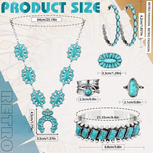Image of Ecally Bohemian Western Jewelry Turquoise Set Women Country Pendant Long Choker Layered Bracelets Earrings Ring for Women