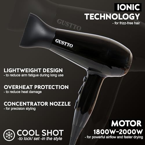 Image of Hair Dryer for Women | Fast Drying, Low Heat Damage, Smooth & Frizz-Free Hair | 1800-2000W Professional Blow Dryer with Cool Shot | Gustto Elevate (Black), BIS Certified