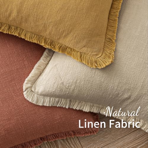 Image of MIULEE Decorative Throw Pillow Covers Neutral Linen Fringe Throw Pillows Set of 2 Late Autumn Boho Farmhouse Cushion Covers for Couch Sofa Bed Living Room Fall Home Decor 18x18 Inch