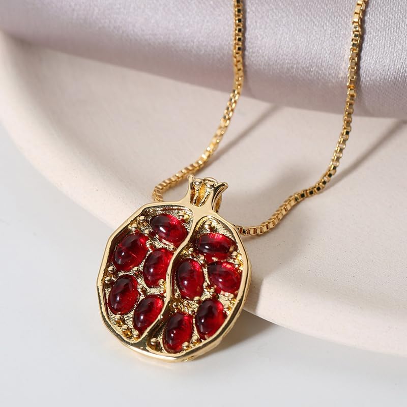 Pomegranate Necklace For Women, Gold Fruit Pendant Persephone Necklaces Red Pomegranates Charm Metallic Style Jewelry Gift - Image 4