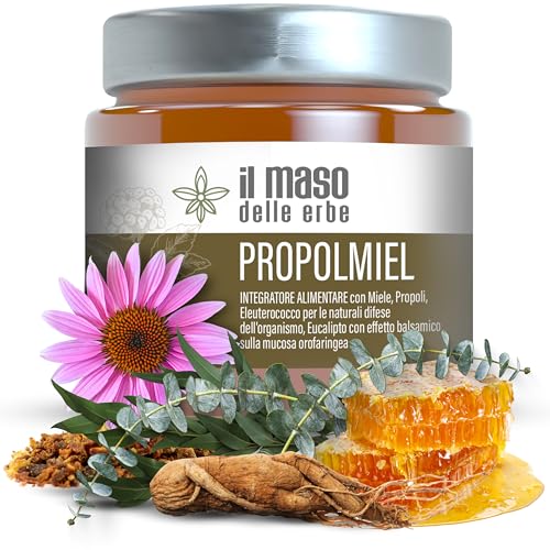 Integratore Naturali Difese dell’Organismo con Miele Propoli Olio Essenziale Eucalipto Eleuterococco Echinacea e Limone - Made in Italy - Il Maso delle Erbe - 250g