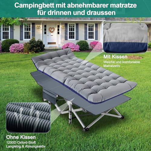 Obqer Klappbares Campingbett mit Matratze und Seitentaschen, 200KG Belastbarkeit Klappbett Gästebett, Stahlrahmen und Oxford Tuch Feldbett Klappbar, 190 x 71 x 36 cm, Geeignet für Garten Büro Camping