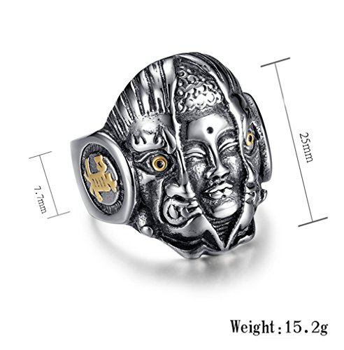 PAURO Men's Stainless Steel Vintage Buddha and Devil Supernatural Ring Engraved Chinese Character Size 13