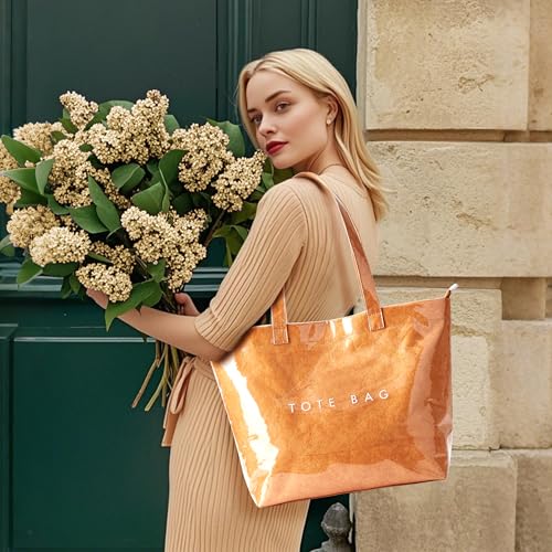Image of KALIDI PVC Zipper Tote Bag, Jelly Kraft Paper Beach Bag Large Hobo Carry All Travel Shopping Handbag Plastic Shoulder Bag