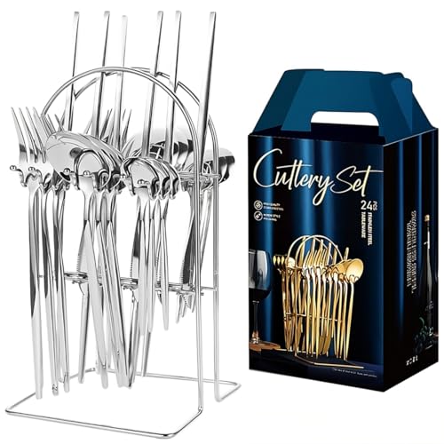 Image of BonZeaL Stainless Steel 24 Pieces Silver Cutlery Set for 6 Person with Stand Mirror Finish Flatware Set for Dining Table Hotel Cafe Bar Restaurant Premium House Warming Gifts for New Home Kitchen
