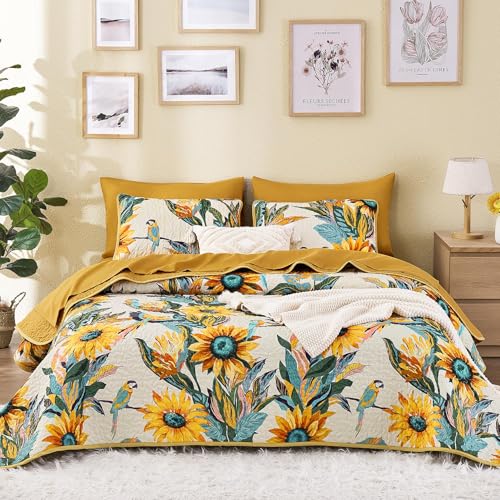Wake In Cloud - Boho Quilt Set Floral Bohemian Chic Farmhouse Cottagecore Tropical Colorful Sunflower Pattern Reversible Lightweight Bedspread Coverlet 3 Pieces Amber Beige Queen/Full Size