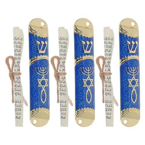 LOGOFUN 2Sets Antique Decorative Metal Jewish Case with Scroll for Front Door Religious Blessing Ornament Home Decor - Golden Blue 106mm