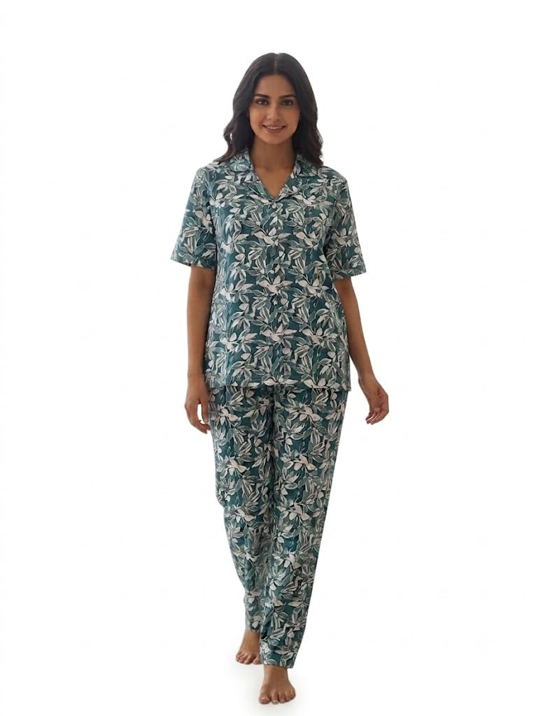 Women's Teal Floral Print Nightsuit Set with Shirt and Pyjama-image-38