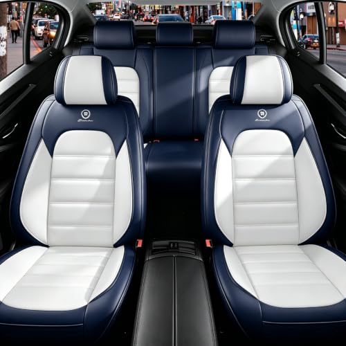 Image of Full Set Car Seat Covers for Jeep Compass 2007-2026, Waterproof Stain-Resistant Seat Cover, Premium Nappa Leather Seat Protectors with Storage Pockets(Standard 5 Seats /Blue&White)