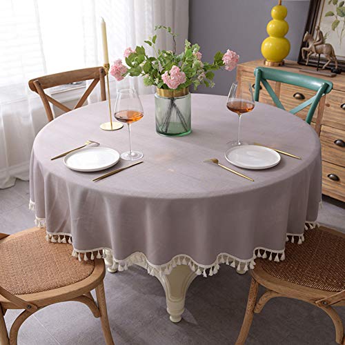 Solid Polyester Tablecloth With Tassel, Round Waterproof Oil-Proof Table Cloth Stain-Resistant Washable Table Cover For Dinner Home Decor-Graya D200Cm(79In) #TOP19