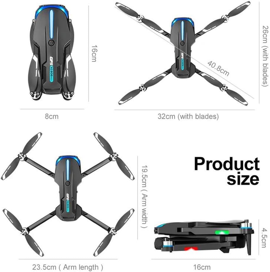 Diagram showing the dimensions of the FINOTI RG806 MAX drone in both folded and unfolded states.