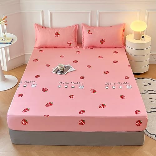 KIMKO 寝具 ボックスシーツ いちごの絵柄 かわいい ピンク オシャレ 優しい肌触り 柔らかい 通気性 防臭 四季通用【ボックスシーツ*1】枕カバーがない (# 愛とイチゴ, ダブル 1.5)