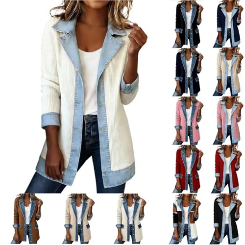 Faux denim blazer for women,Faux white jean jacket women patchwork knit summer spring jeans jackets cardigan cardigans # White S
