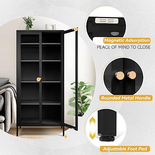 Greenvelly Metal Storage Cabinet, Black Display Curio Glass Storage Cabinet With Glass Doors And 4 Shelves, Tall Glass Bookcase Cabinet Modern Bookshelf Cabinet For Home Office Living Room，Pantry #TOP4