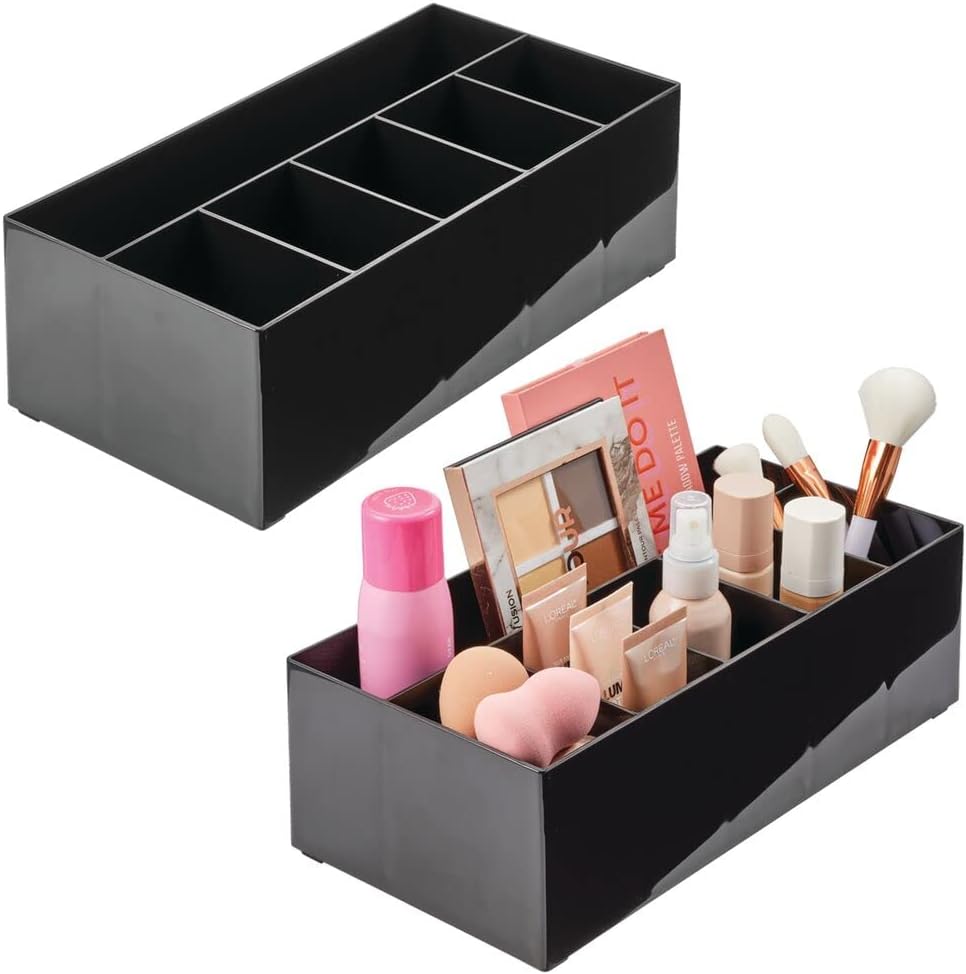 mDesign Plastic 6-Compartment Cosmetic Storage Organizer, Divided Makeup or Beauty Storage for Organizing Bathroom Countertop, or Vanity- Holds Lipstick, Brushes, Lumiere Collection, 2 Pack, Black