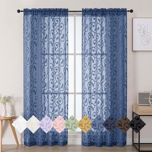 WelvetBLK Dusty Blue Sheer Curtains for Bedroom Living Room 72 Inches Long 2 Panels Set Soft Airy Geometric Jacquard Clip Curtains Drapes Modern Rod Pocket Door Curtain 2Pcs Each 42 Wx72 L Inch