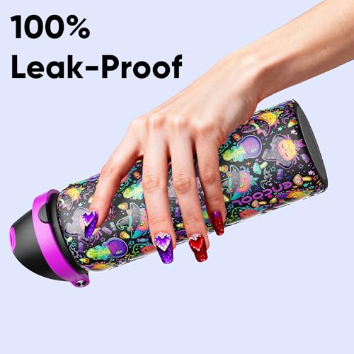 Image of Insulated Water Bottle with Straw - Encool Stainless Steel Water Bottle with Push Button Lid, Leak-Proof & BPA-Free, Keeps Cold for 24 Hours for Sports, Travel, Gym (32 oz, Meowgic Night)