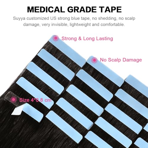 SUYYA Tape in Hair Extensions Natural Black 100% Remy Human 20 inches 20pcs 50g/pack Straight Seamless Skin Weft Hair(20 #1B Off Black) - Image 4