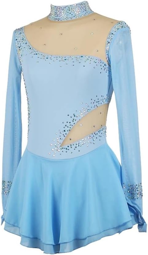 Women's Figure Skating Dress for Competition Performance, Long Sleeve Ice Skating Dress with Shiny Rhinestone