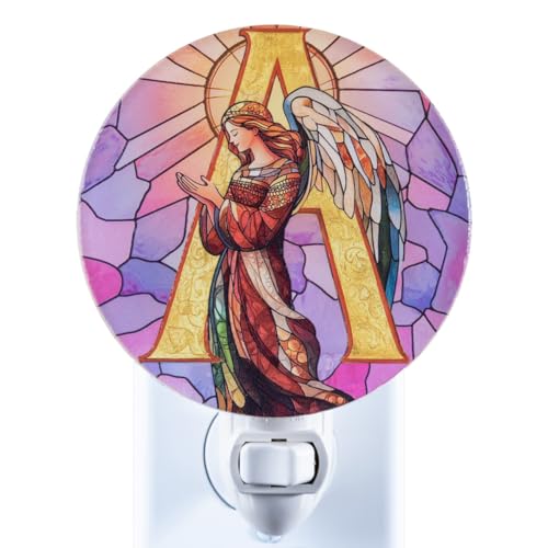 VOUWOWOX Angel Monogram Night Light – Stained Glass Styled Plug-in Wall Lamp, Victorian Inspired Letter A Design with Manual Switch & Bulb Included...