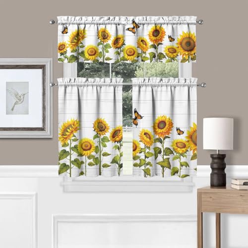 sdhinlwo Sunflower Kitchen Curtains Sets for Windows Sunflower Summer Curtain Sink Window Valance 3 Piece Set Kitchen Tier Curtains 3 Panels Decor for Living Room Bedroom 54x36 Inches