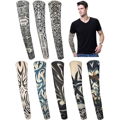 iToolai Temporary Tattoo Sleeves for Men, 8 pcs Set UV Protection Cooling Tattoo Arm Sleeves Slip on(Tribal Designs) Cover