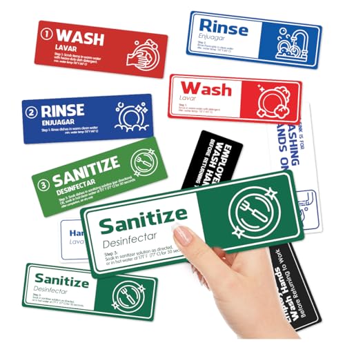 Pack 10 Pcs Hand Wash Stickers for Restaurant Commercial Kitchen Food Truck Bussing Station Wash Station Must Haves Removable Decals Waterproof Removable Vinyl Stickers Preprinted