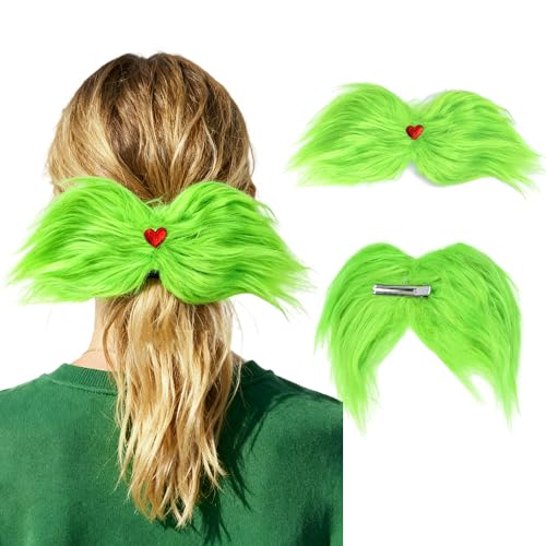 Large Green Plush Hair Bow Clip with Red Heart for Men and Women，Costume Accessories for Parties，Decorations