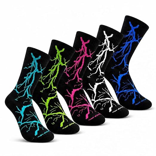 cookiffy Men's Premium Cotton Crew Socks | Breathable Lightning Bolt Patterned Athletic Sports Long Socks | Cool Hip Hop Streetwear Calf Length Socks Combo - Pack of 5 Pairs (Multicolor)-picture-45