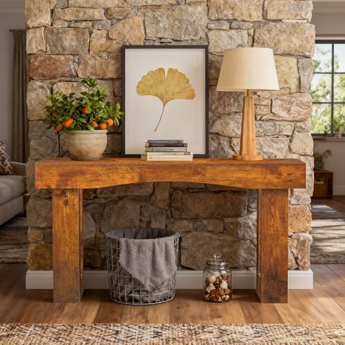 Image of 63 Inch Long Entryway Table Hollow, Wooden Console Table with Socket Farmhouse Sofa Table for Entrance, Hallway, Living Room,Behind Couch(Rustic Brown)