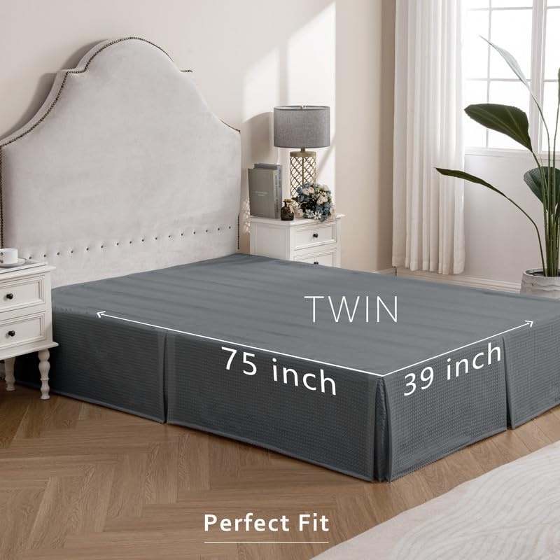 Image of MIYE Pleated Waffle Weave Bed Skirt, Tailored Dust Ruffle 18 Inch Drop Easy Fit, Machine Washable (Dark Grey, Twin - 18 inch Drop)