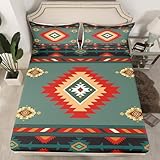 Southwestern Geometric Bed Sheet Set Twin Size Retro Exotic Boho Fitted Sheet for Kids Boys Girls Decor Indian Tribal Geometric Bedding Set Green Red Bed Cover Bedroom