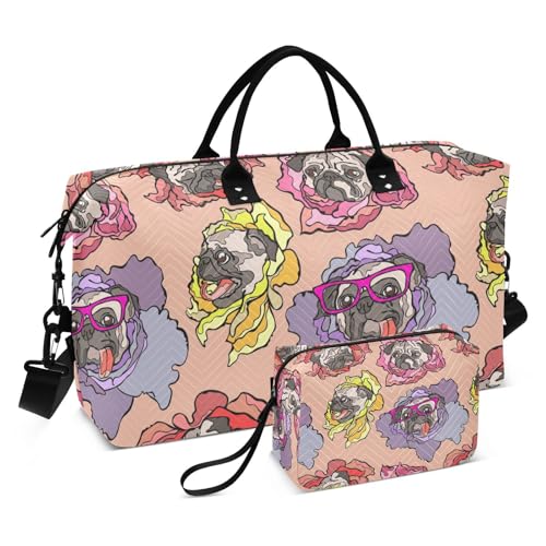 Dog Pug Flower Pattern Duffle Bags for Women Men Waterproof Weekender Overnight Bags Hospital Bag Large Tote Bag with Toiletry Bag for Yoga Gym Travel Sport Hospital