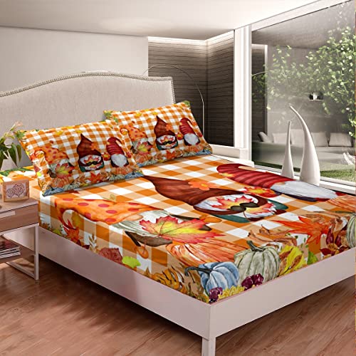 Cute Gnomes Bed Sheets Autumn Pumpkin Leaves Fitted Sheet Fall Thanksgiving Harvest Bedding Set Twin For Kids Teens Boys Girls,Holiday Farmhouse Vintage Theme Bed Cover Orange Buffalo Check Decor #TOP2