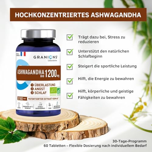 Ashwagandha Kapseln KSM-66 hochdosiert 1200 mg – 60 Tabletten – Natürlicher Stressabbau & cortisol senken – Unterstützt Schlaf, Energie & Nerven – Anti-Stress Nahrungsergänzung - GRANIONS