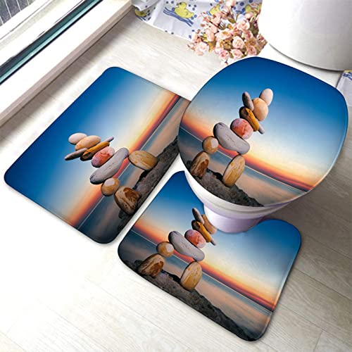 Badezimmerteppich-Set, 3-teilig, Figur von Inukshuk an der Meeresküste gegen den Sonnenuntergang, waschbarer Badeteppich, rutschfest, mit Rückenpolster, Konturteppich und Toilettendeckelbezug